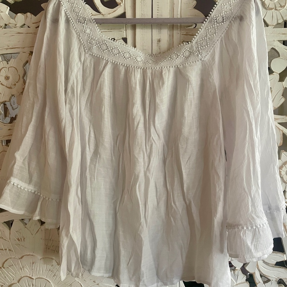 Cream Ruffled 3/4 Sleeve Blouse with Smocked Details